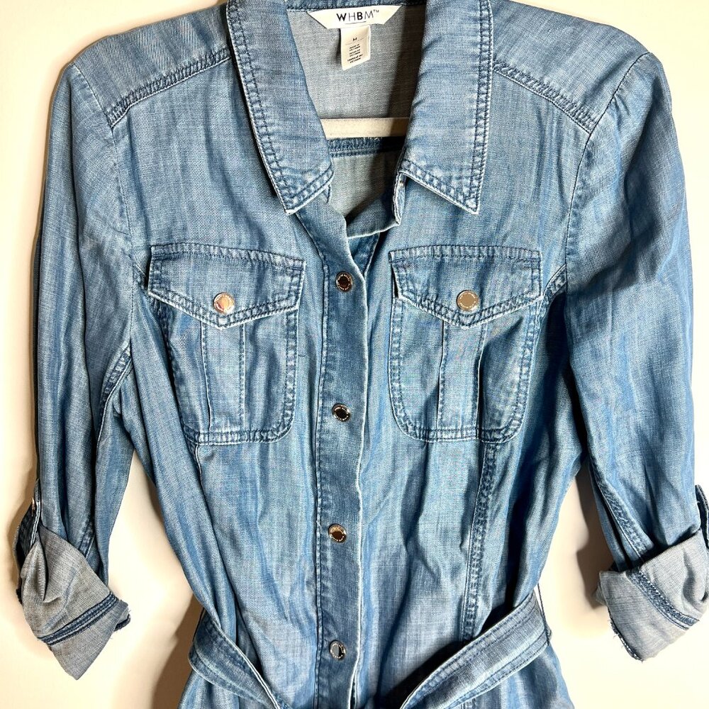 White House Black Market Blue Denim Button-Down Shirt with Tie Waist - Picture 3 of 5